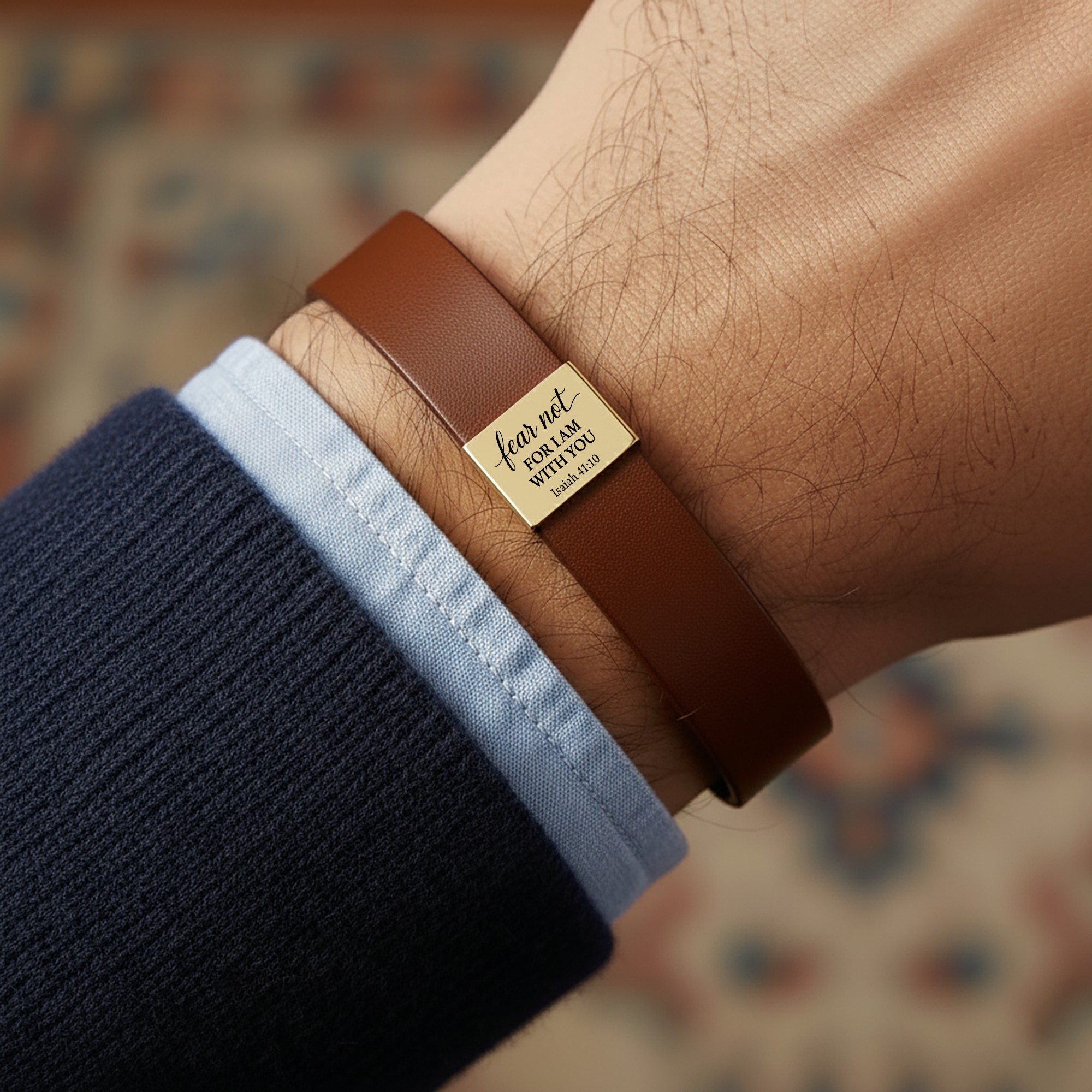 Custom engraved leather bracelet worn on wrist with personalized quote