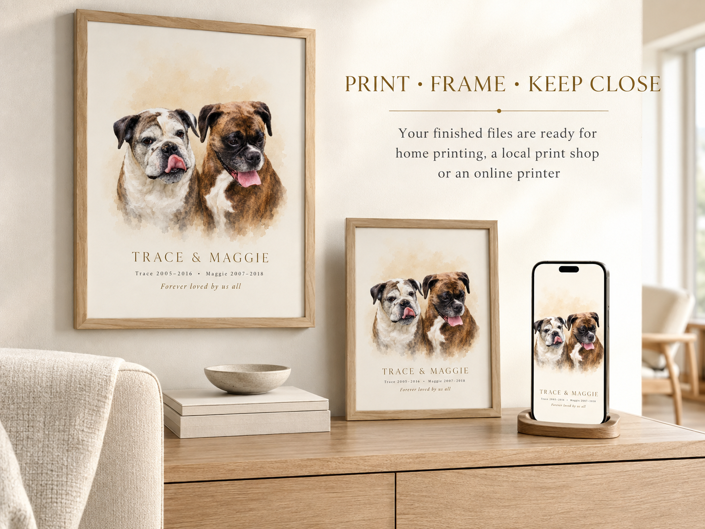 Framed custom pet portrait displayed on a dresser