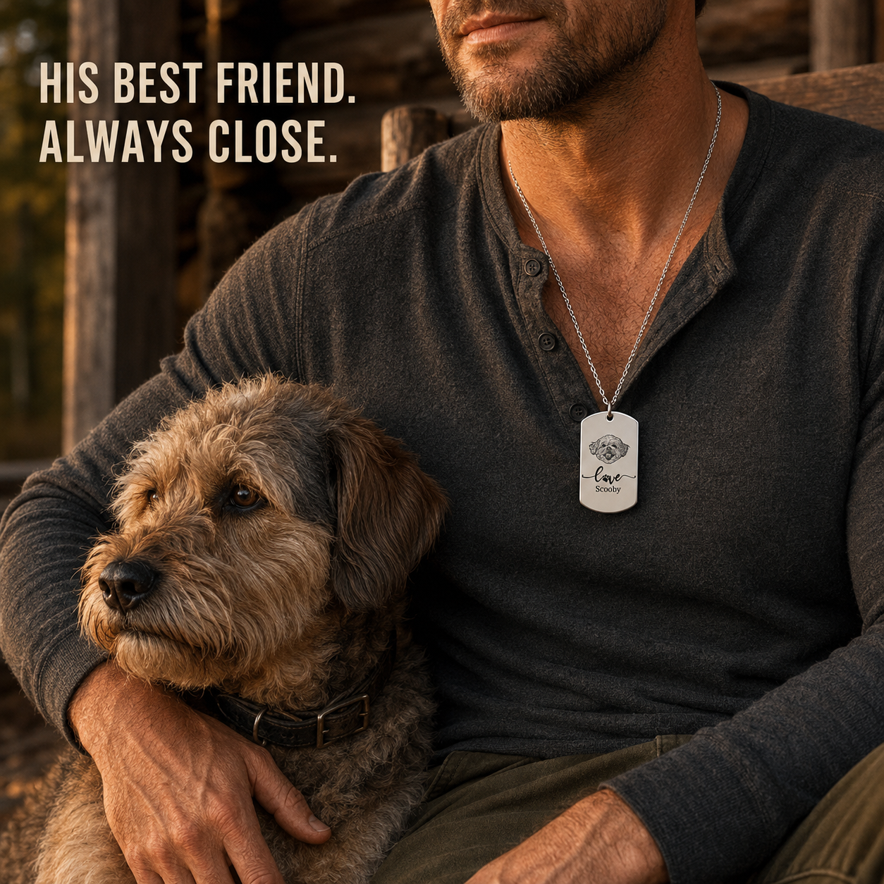 Man wearing custom dog tag photo necklace with his dog