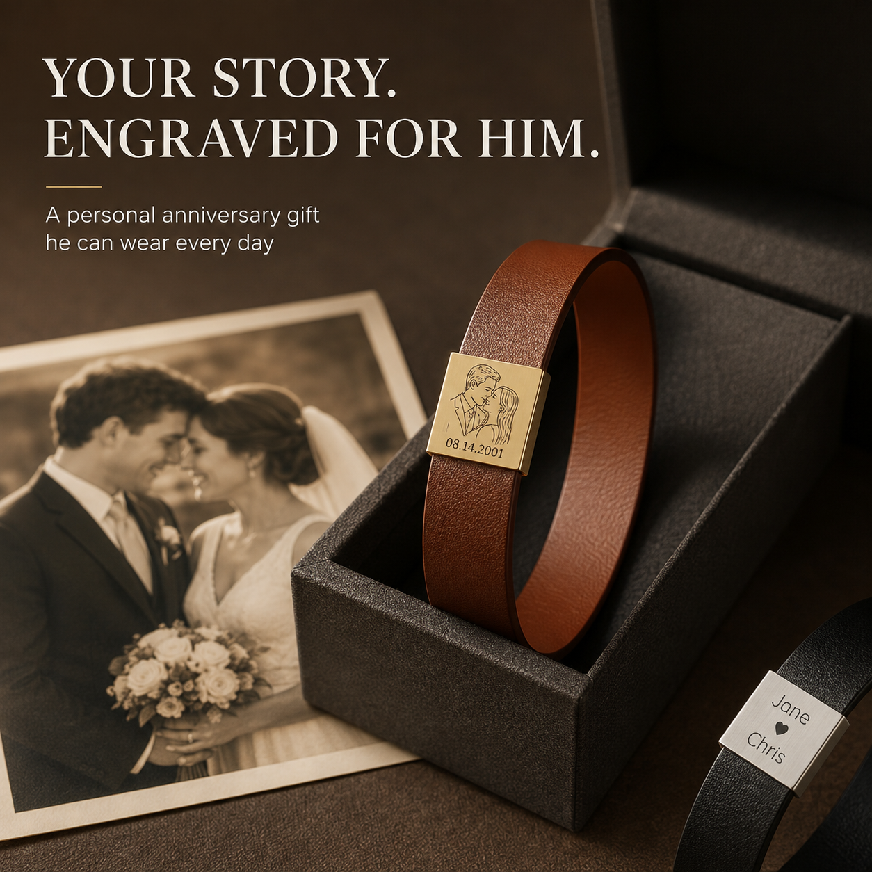 Custom engraved leather bracelet in gift box with wedding photo