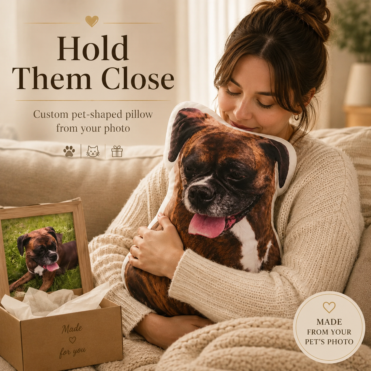 Woman hugging custom pet-shaped pillow made from her dog's photo