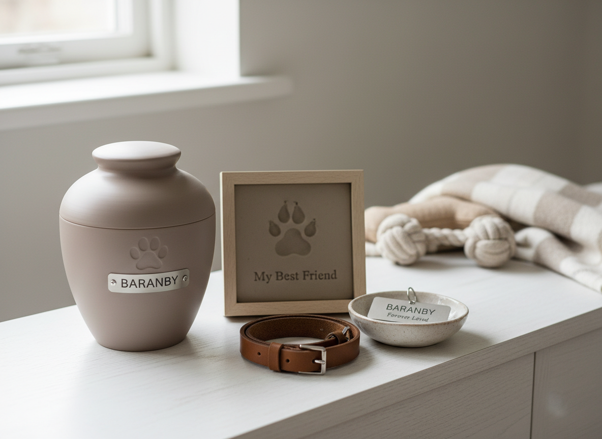 A serene photographic still life of a personalized pet keepsake display arranged on a white oak sideboard. At the center sits a smooth ceramic urn in warm dove grey, its front adorned with a small metal nameplate and an embossed paw motif. Beside it rests a framed paw-print impression in soft clay, and a slim, engraved metal tag hangs from a leather collar carefully coiled in a small ceramic dish. A few neutral-toned dog toys and a folded woven throw are softly blurred in the background. Gentle, overcast window light from the left bathes the scene, creating a calm, diffused glow and minimal shadows. Captured from a slightly elevated angle with a moderate depth of field, the composition is uncluttered and reverent, conveying quiet remembrance and sophisticated simplicity.