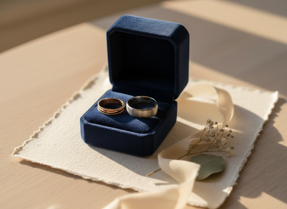 A romantic, photographic tabletop scene featuring two personalized wedding bands nestled in an open velvet ring box. One band is a slim, polished rose gold ring with a delicate milgrain edge; the other is a slightly wider brushed platinum band, each subtly engraved along the inner rim with a date and intertwined initials. The box rests on handmade cotton paper with deckled edges, alongside a pale silk ribbon and an understated dried floral sprig. Soft golden-hour light streams in from a nearby window, creating luminous highlights on the metal and casting graceful, feathered shadows. Shot from a close, slightly angled perspective with shallow depth of field, the rings are crystal sharp while the background slips into creamy bokeh. The mood is intimate, elegant, and timeless, perfect for wedding and anniversary keepsake storytelling.