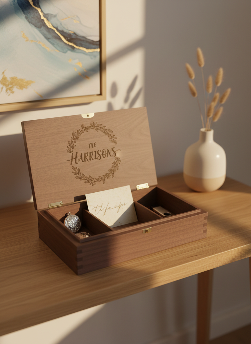 A warmly lit photographic scene of a personalized wooden keepsake box open on a smooth oak console table. The box is crafted from rich walnut with dovetail corners and a matte finish, its lid tastefully engraved with a family name and a subtle wreath motif. Inside, neatly arranged compartments hold a small silver locket, a folded handwritten-style card, and a slim USB drive with a brushed metal casing. A framed, abstract artwork and a single ceramic vase with dried stems sit softly blurred in the background. Late-afternoon sunlight pours in from the right, creating graceful streaks of light across the grain of the wood and casting gentle shadows. Shot at eye level with a moderate depth of field, the mood is nostalgic, sophisticated, and quietly sentimental.