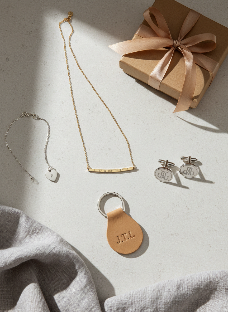 An elegant flat-lay photograph of a curated collection of personalized keepsakes arranged on a pale stone tabletop. A slim gold bar necklace with tiny engraved coordinates, a minimalist leather keyring debossed with initials, a small engraved cufflink pair, and a dainty silver bracelet with a heart charm form a visual arc across the frame. A soft grey linen cloth partially drapes the surface, with a closed, kraft gift box tied in champagne-colored satin ribbon near the top edge. Diffused natural daylight from the left creates soft, even illumination and gentle shadows, evoking a calm, editorial mood. Captured from a true overhead, bird’s-eye view with sharp focus throughout, the composition is balanced and uncluttered, emphasizing luxurious detail and timeless photographic realism.