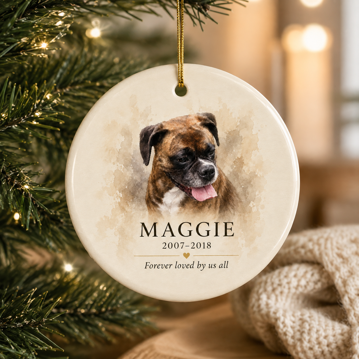 Maggie memorial ceramic ornament — custom pet photo keepsake hanging on Christmas tree